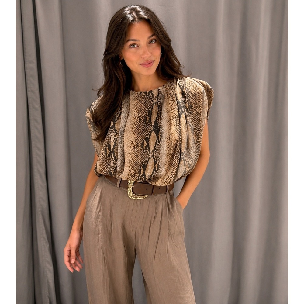 ZARA Women's New Top Shoulder Pad Blouse Khaki MEDIUM Animal Print Snake